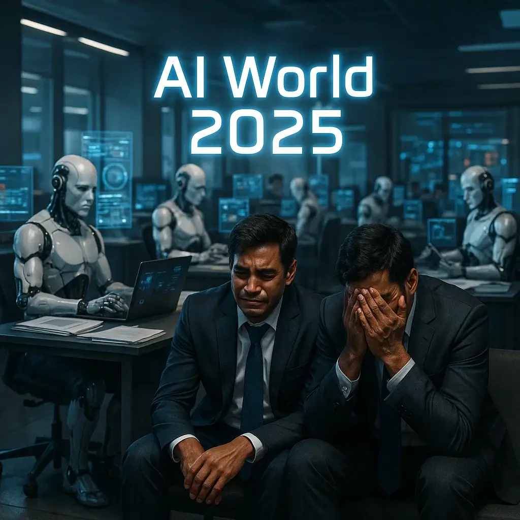 AI World 2025 ऑफिस में काम करते रोबोट और दो इंसानों की बेरोजगारी की झलक